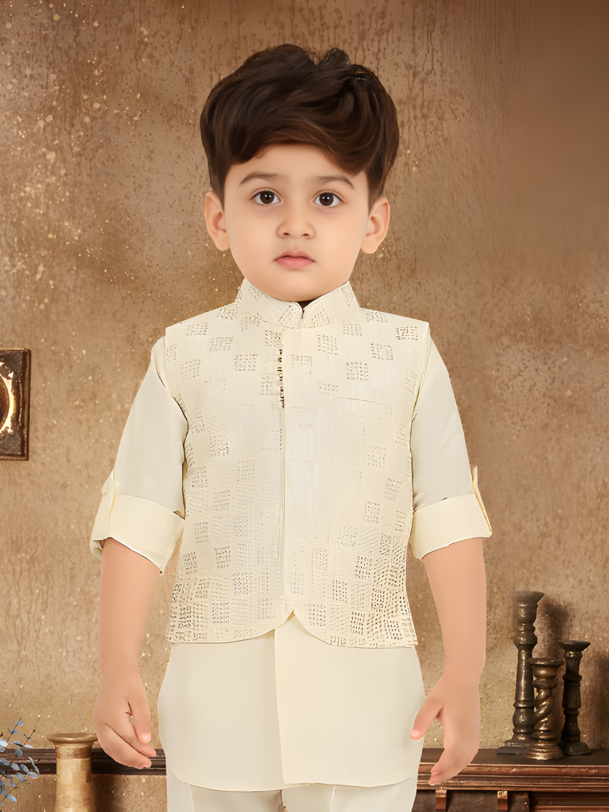 Boys' Natural Cream Bandhgala Jacket with Elephant & Nature Print
