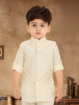 Boys' Natural Cream Bandhgala Jacket with Elephant & Nature Print