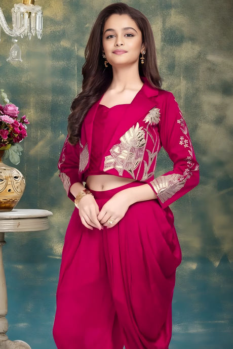 Girls'/Teen Rani Pink Dhoti & Crop Shrug Set