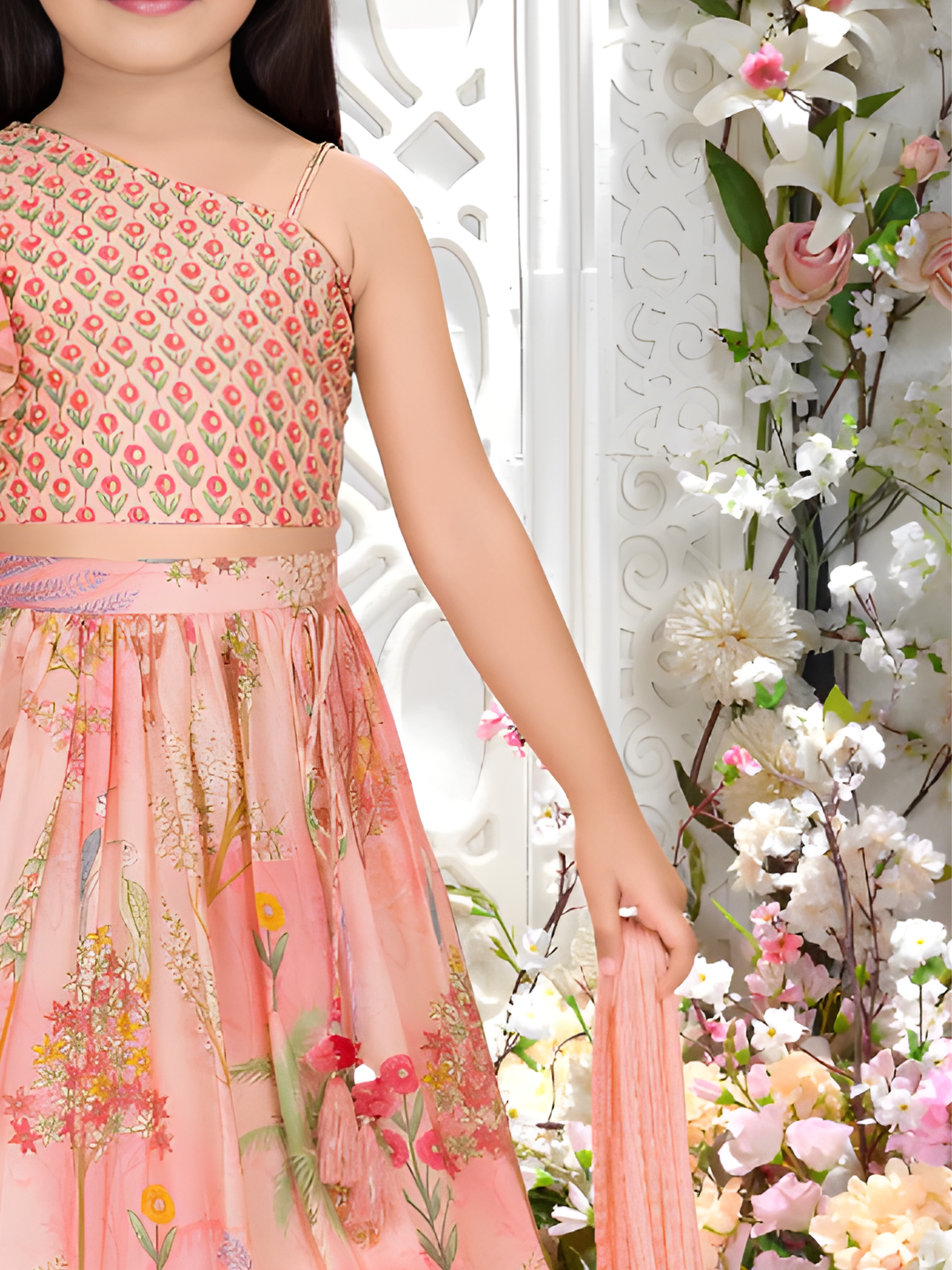 Girls' Pink Printed One-Shoulder Lehenga Choli Set with Dupatta