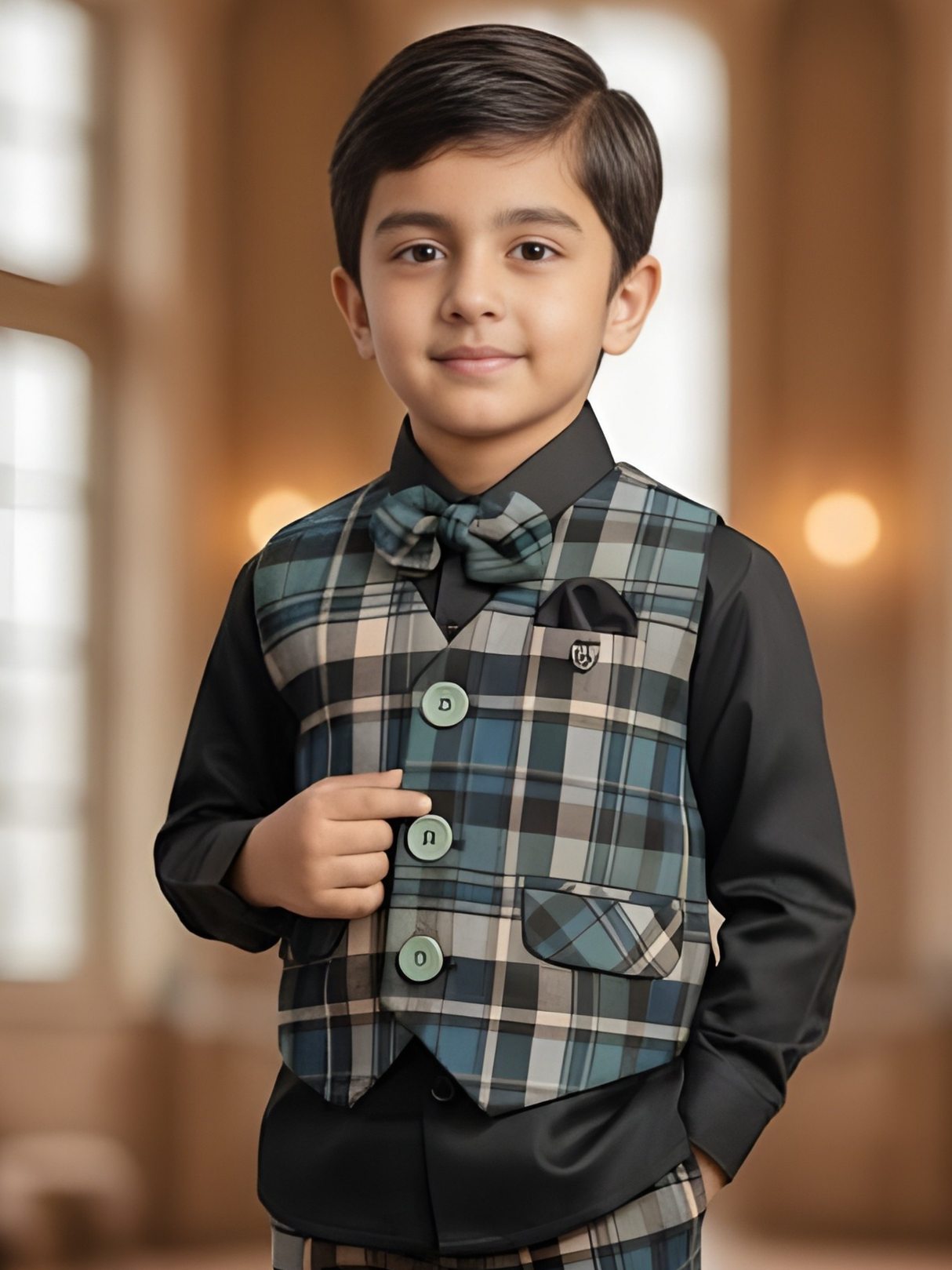 Boys Blue Plaid Waistcoat Set