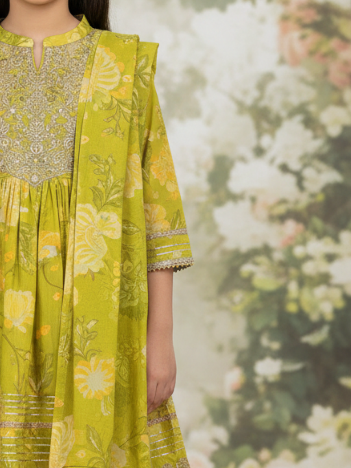 Girls' Lime Green Floral Print Kurta & Sharara Set with Tassels.