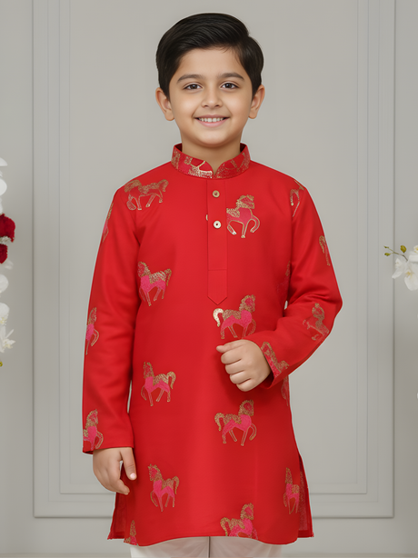 Boys' Red Kurta Set with Pink Horse Print & White Pajamas