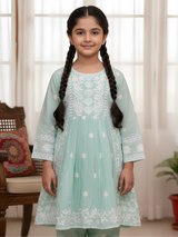 Girls' Lime Green Floral Printed Kurti Set