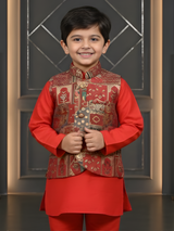 Boys Pink Silk Kurta Set with Intricate Printed Nehru Jacket