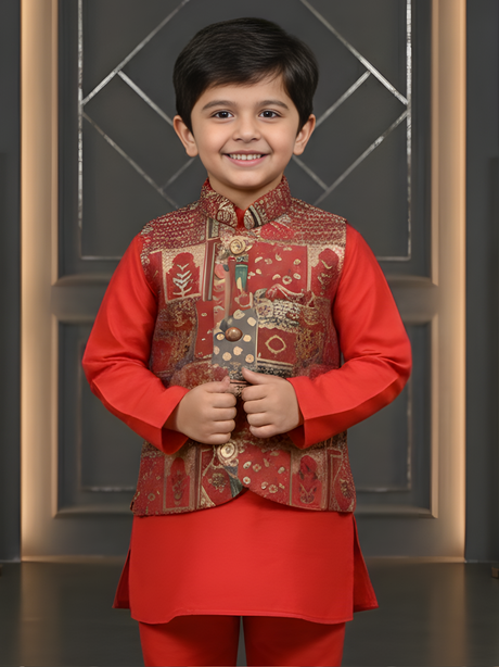 Boys Pink Silk Kurta Set with Intricate Printed Nehru Jacket