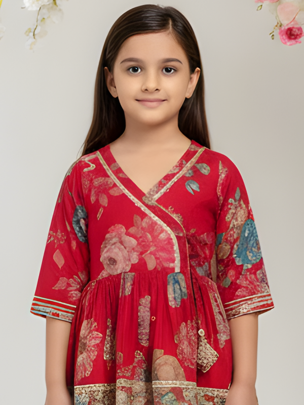 Girls' Vibrant Red Floral Print Angrakha Kurti, Trouser & Dupatta Set