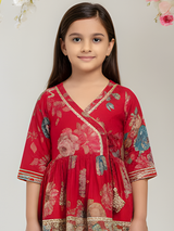 Girls' Vibrant Red Floral Print Angrakha Kurti, Trouser & Dupatta Set