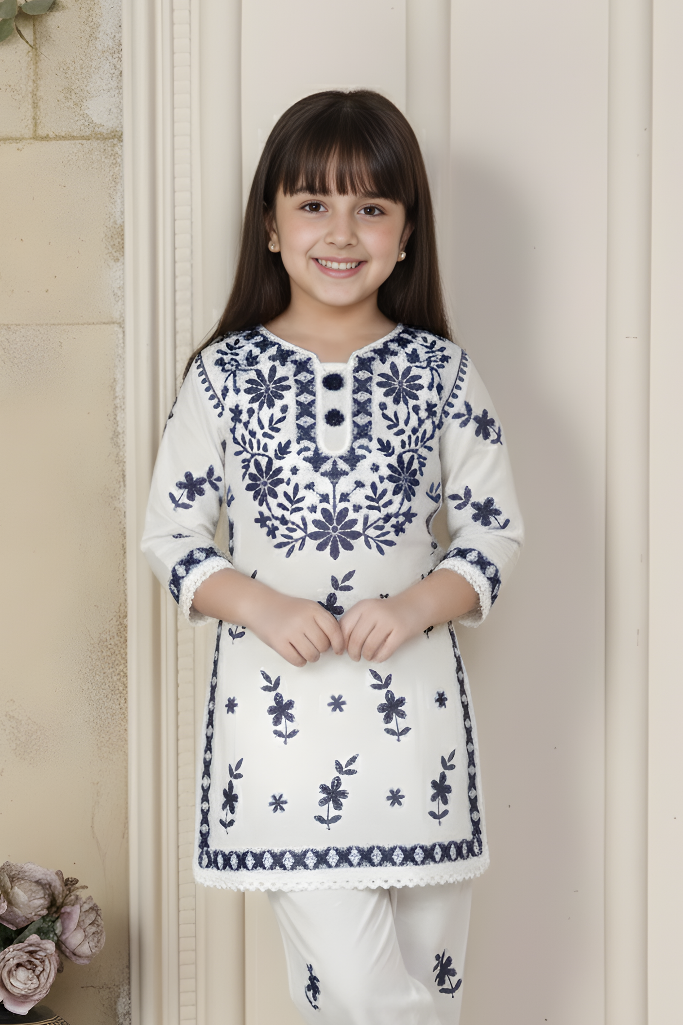 Girls' White Kurti & Trouser Set with Navy Blue Lucknowi Embroidery