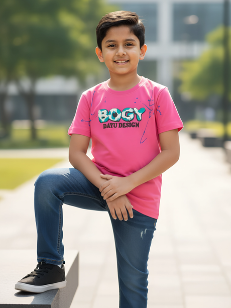Kids' 'BOGY' Paint Splatter Graphic T-Shirt - Vibrant Fuchsia Pink.