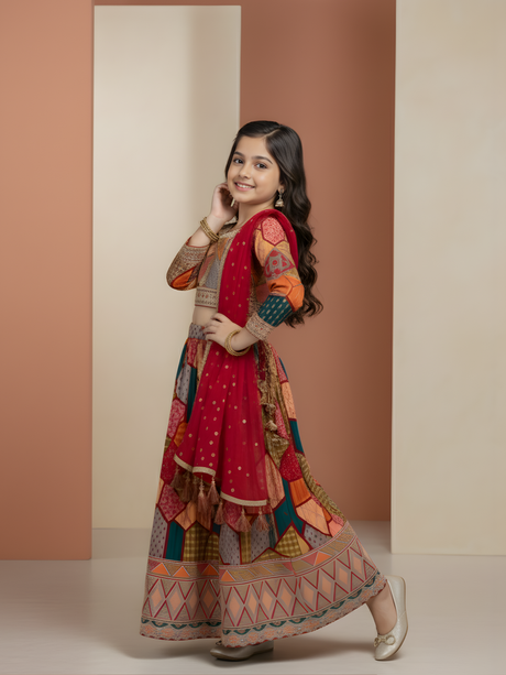 Girls' Deep Pink Floral Print Crop Top (Choli) and Striped Lehenga Set