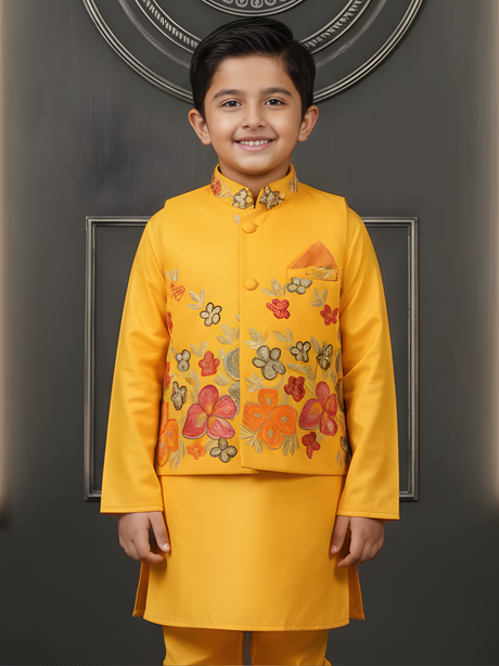 Boys Canary Yellow Kurta Set with Floral Embroidered Nehru Jacket
