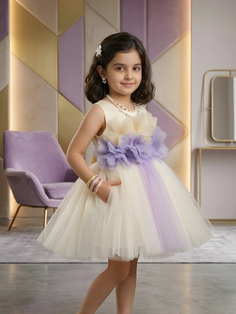 Girls' Cream & Lavender Sleeveless Tulle Party Frock with 3D Flower Bodice.