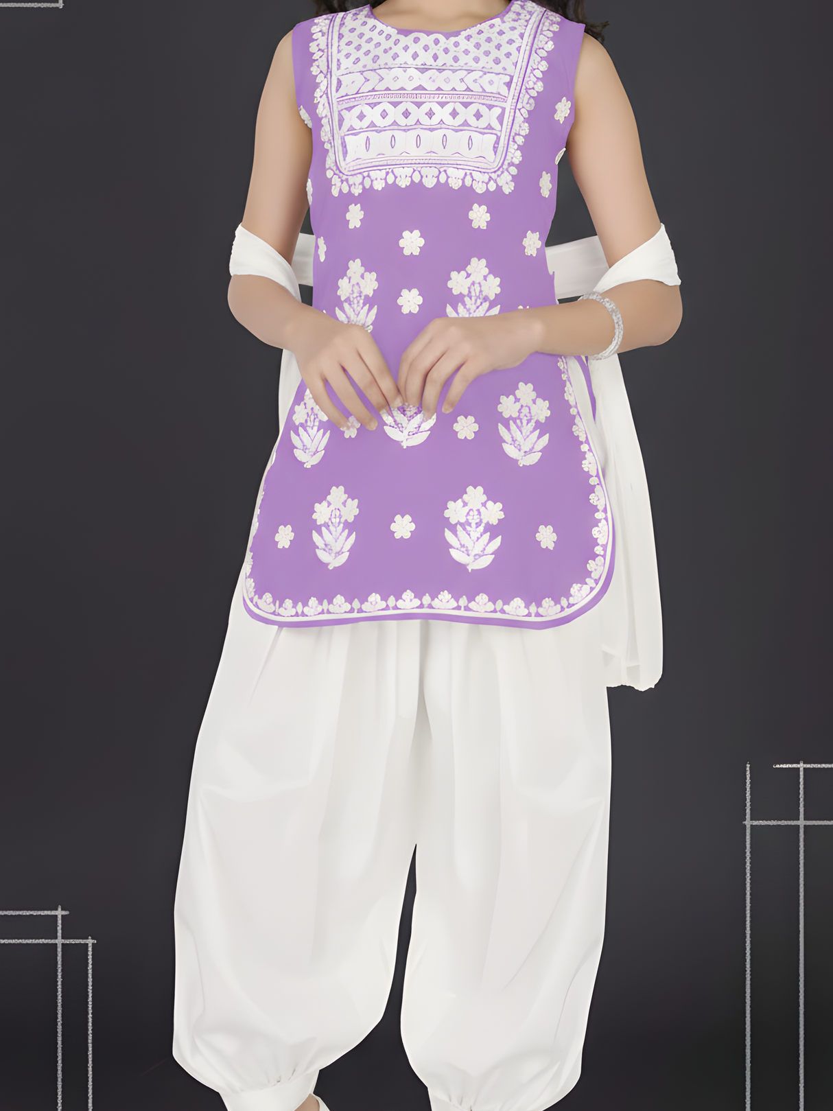 Girls Traditional 3/4th Sleeves Patiala Set - Purple