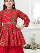 Girls Traditional 3/4th Sleeves Ghagara Set - Red