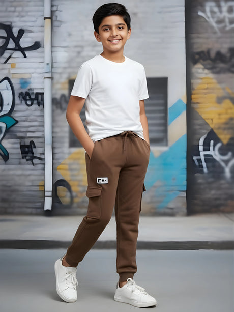 Boys' Stylish Brown Cargo Joggers with Elasticated Drawstring Waist