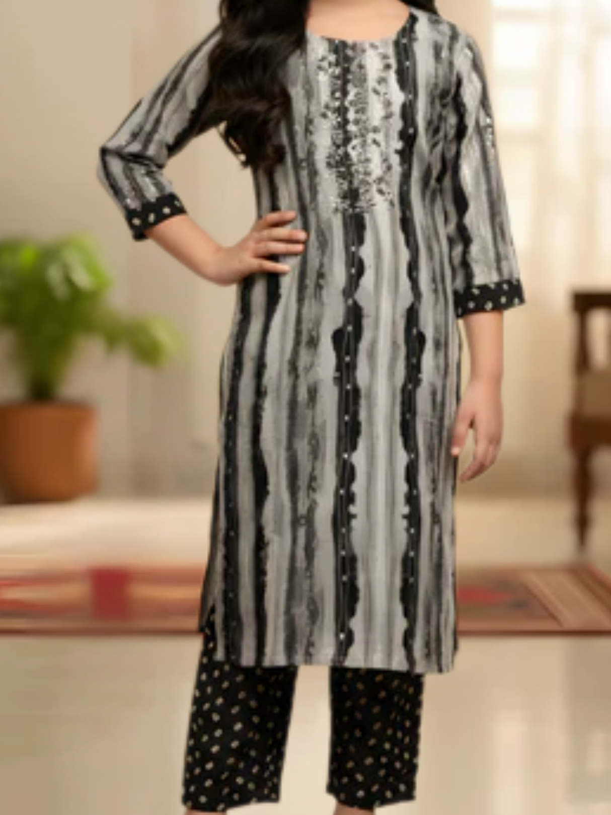Girls' Festive Mustard Yellow Printed Tunic and Flared Palazzo Set