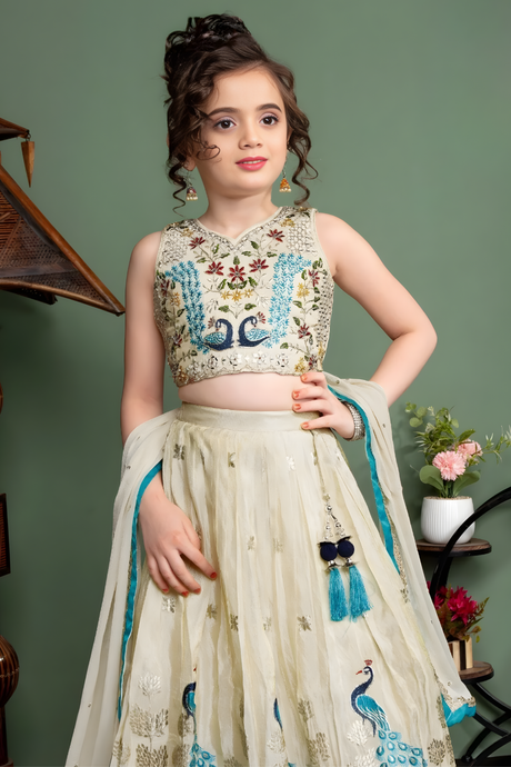 Ivory Cream Kids Lehenga Choli with Peacock & Deer Embroidery