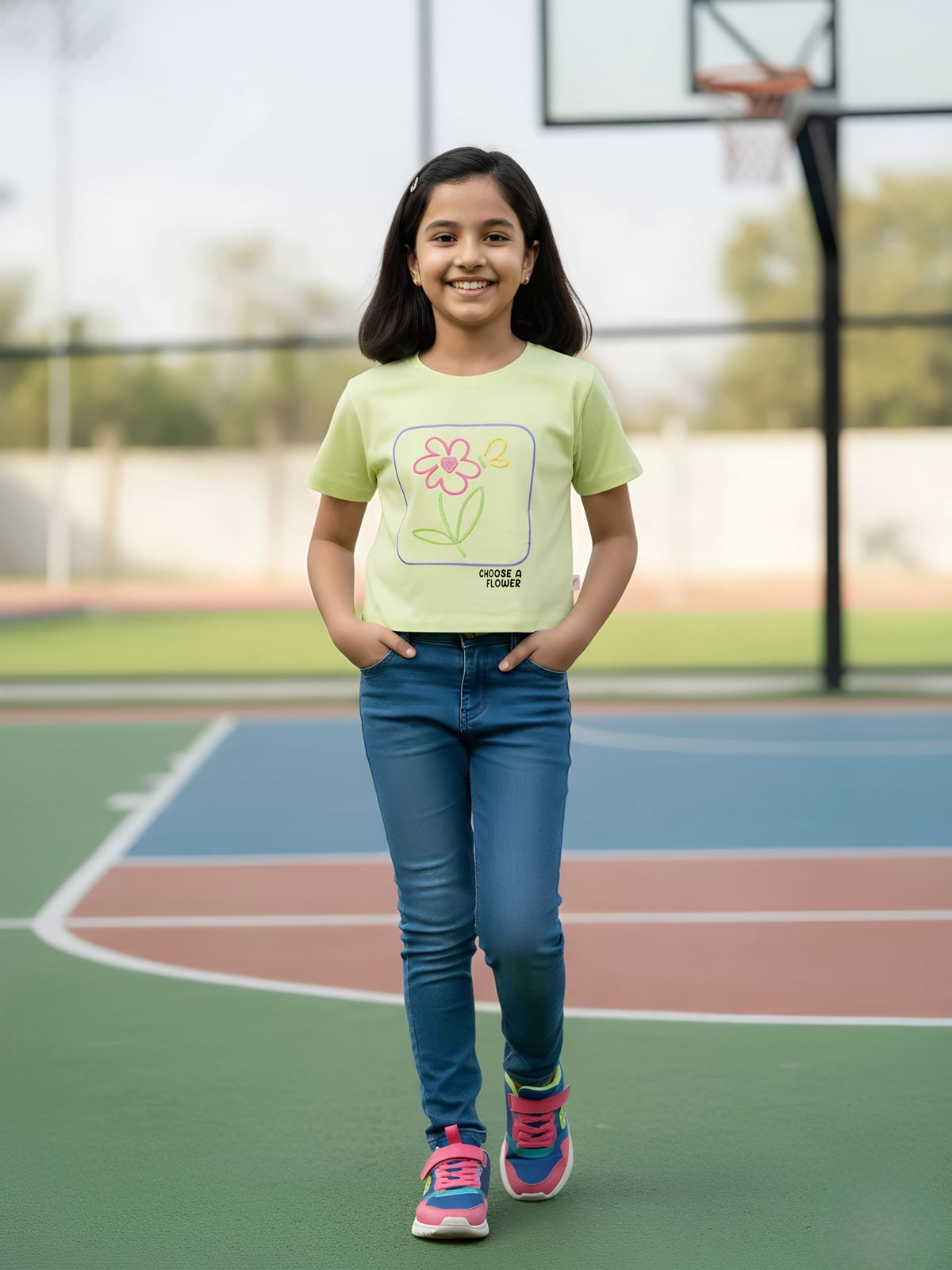 Girls' Casual Light Green Floral Graphic Crop Top