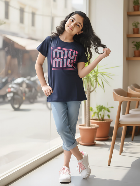 Girls' Navy Blue "MIU MIU" Graphic Tee - Sparkle Edition