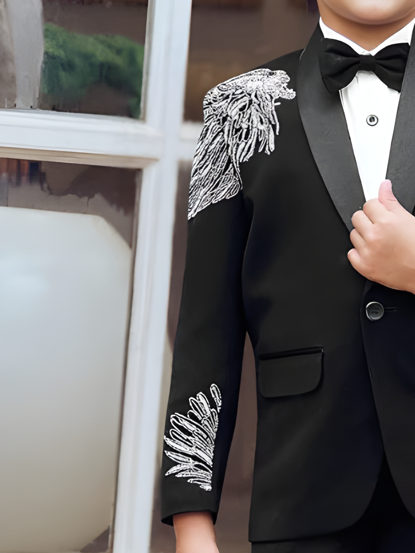 Boys' Black Tuxedo Suit with Silver Feather Shoulder Embroidery