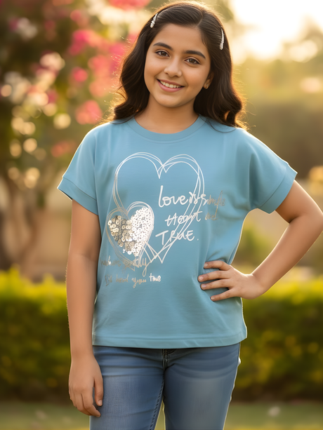Girls' Serene Blue Heart Graphic Top.