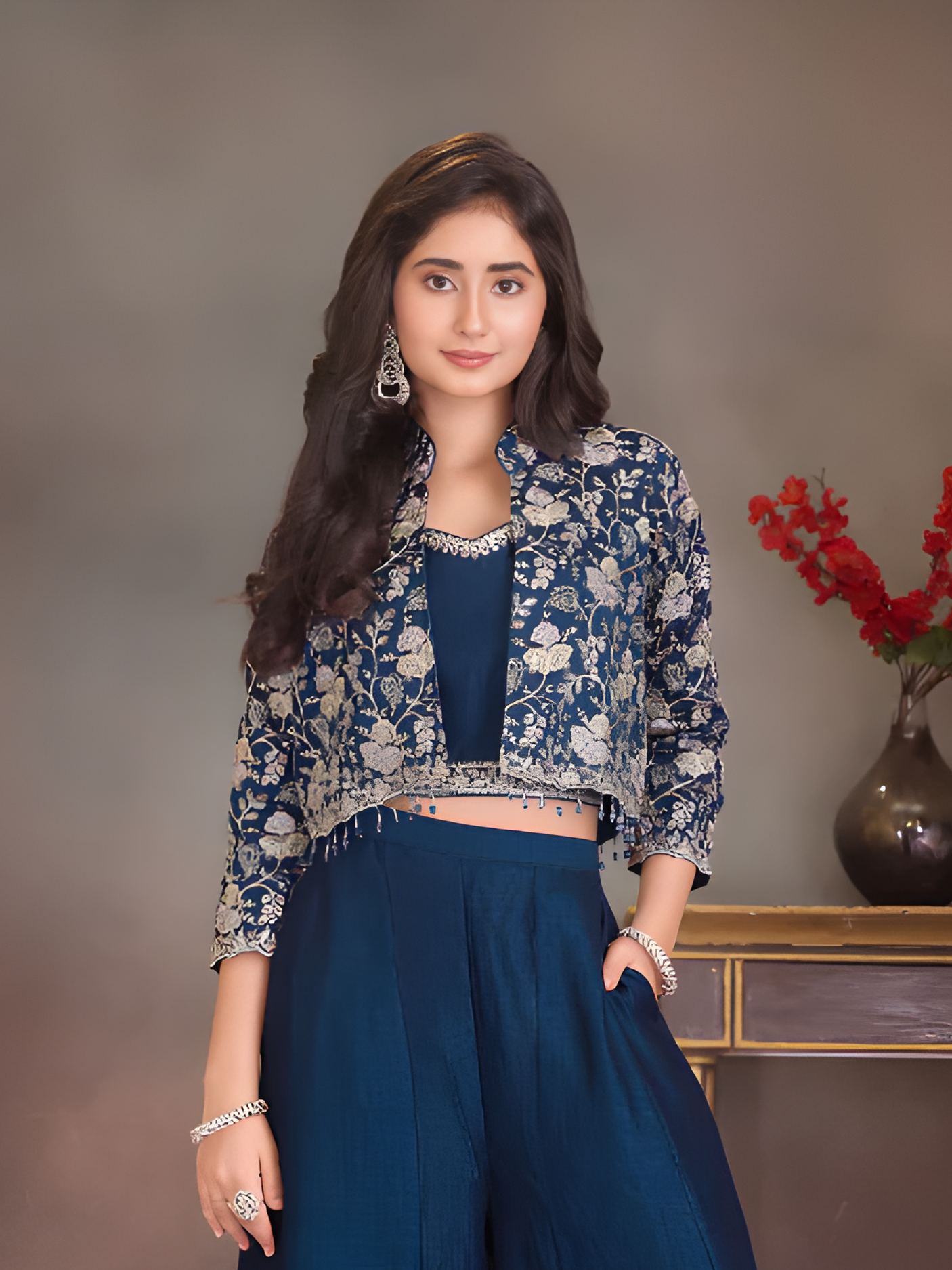 Girls' Light Blue Floral Peplum Kurta and Palazzo Two-Piece Set