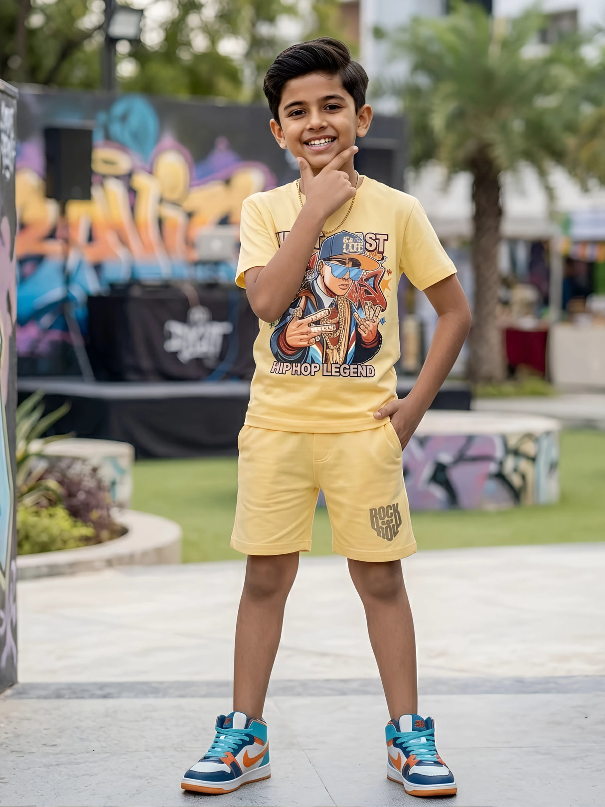 Boys Urban Hip-Hop Graphic Print Yellow Coordinate Set