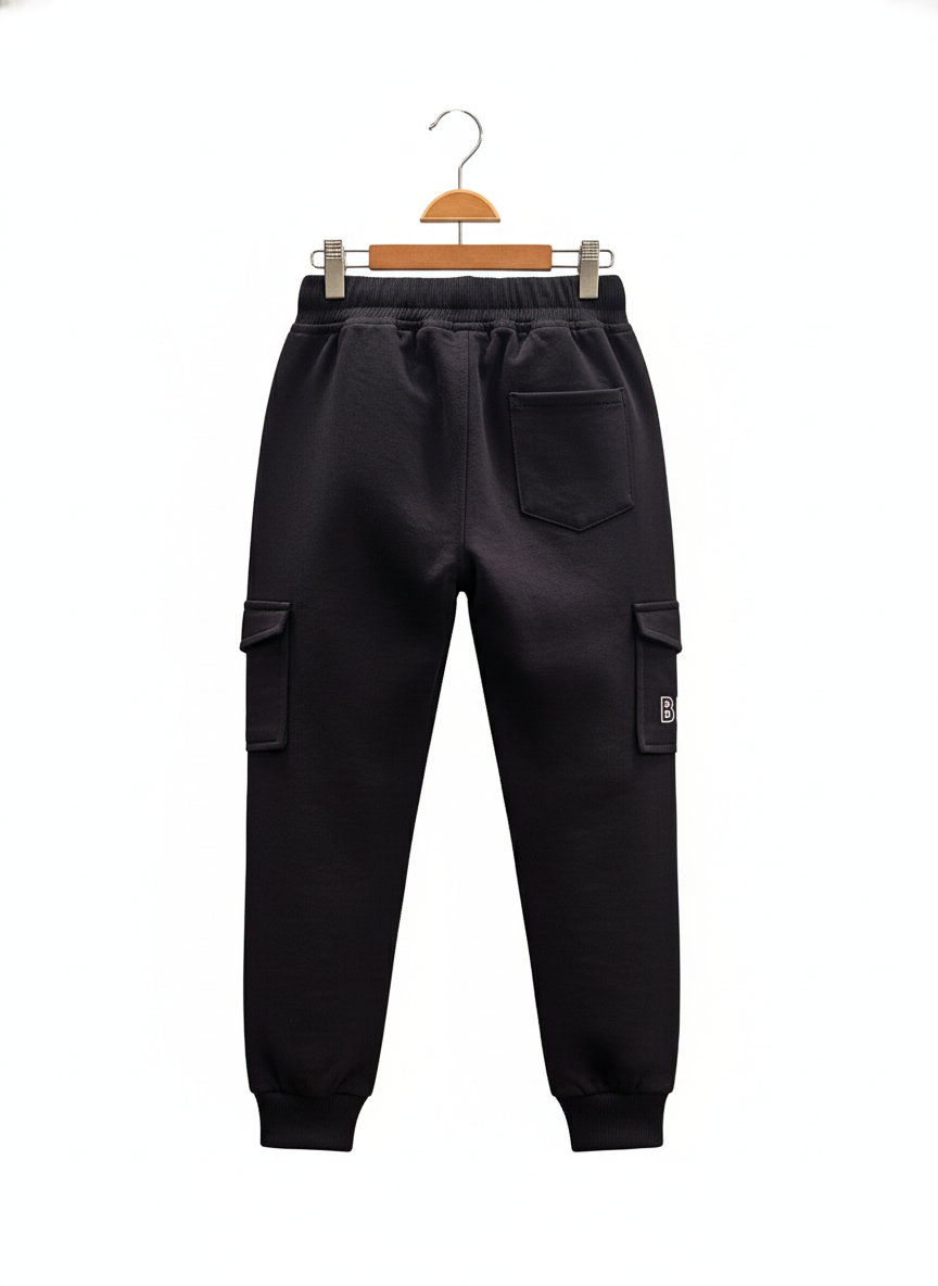 Boys' black jogger track pants with cargo pockets, cuffed ankles, a drawstring waist, and colorful graphic and white text detailing.