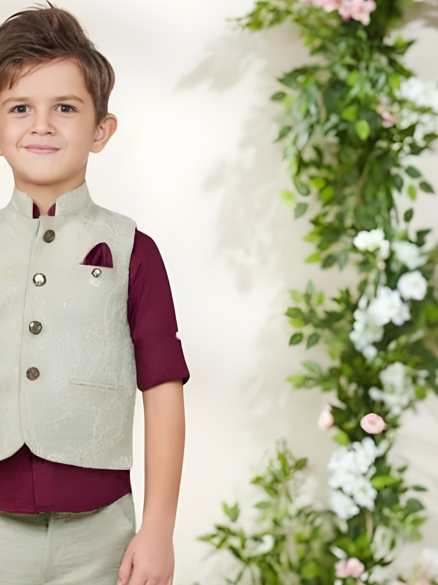 Boys' Sage & Maroon Embroidered Waistcoat Suit Set.