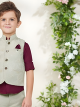 Boys' Sage & Maroon Embroidered Waistcoat Suit Set.