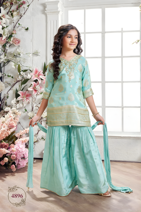 Girls' Mint Green Embroidered V-Neck Kurta and Sharara Set