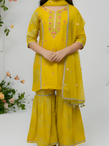Girls' Festive Yellow Printed Kurta, Sharara and Dupatta Set