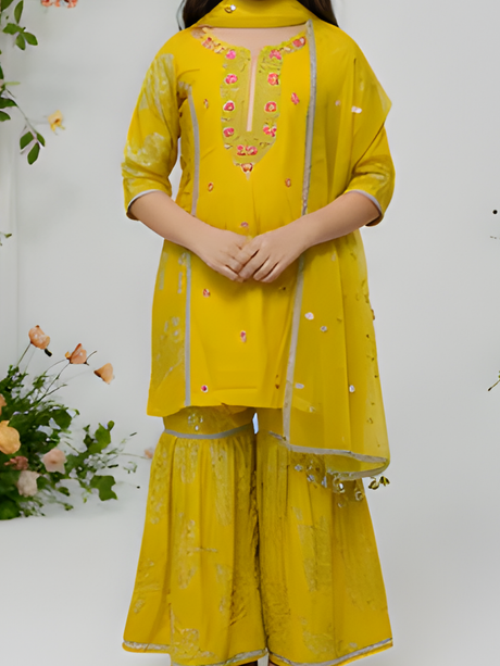 Girls' Festive Yellow Printed Kurta, Sharara and Dupatta Set