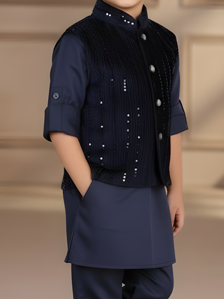 Boys Navy Blue Kurta Set with Sequined Velvet Waistcoat