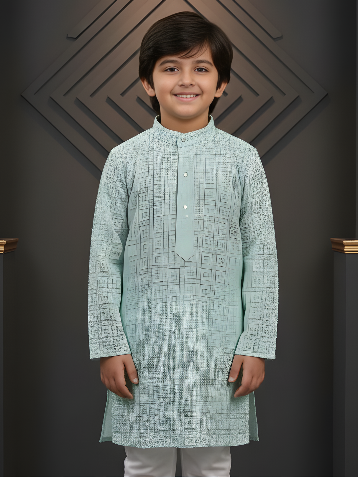 Boys' Mint Green Allover Embroidered Kurta Set