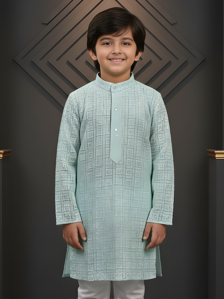 Boys' Mint Green Allover Embroidered Kurta Set