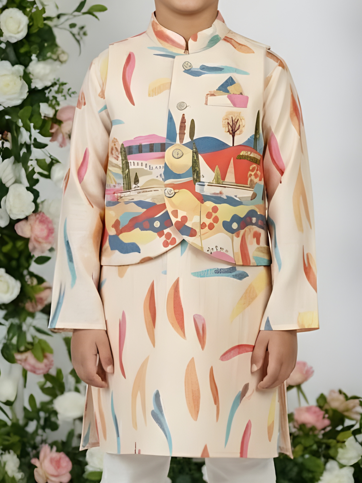 Boys' Cream Kurta Set with Modern Multi-Color Printed Nehru Jacket.