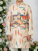 Boys' Cream Kurta Set with Modern Multi-Color Printed Nehru Jacket.