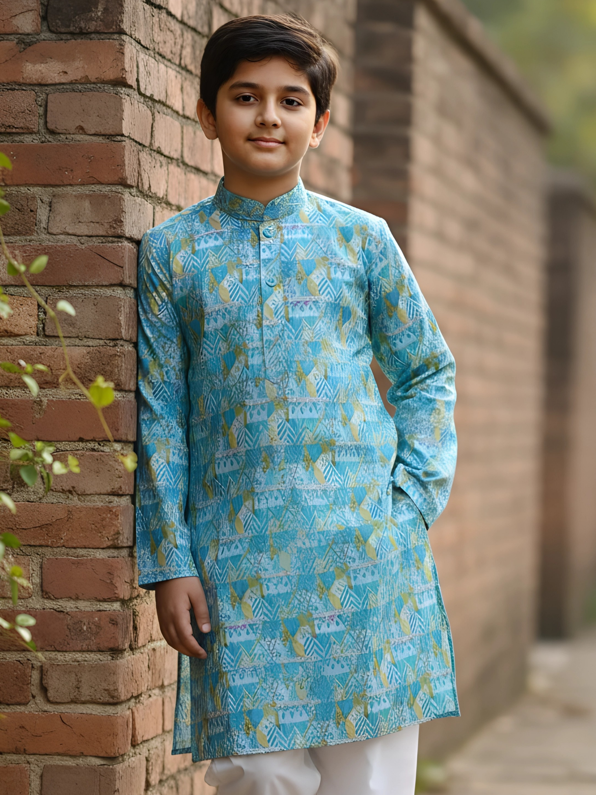Boys' Light Blue Geometric Print Kurta with White Pajama