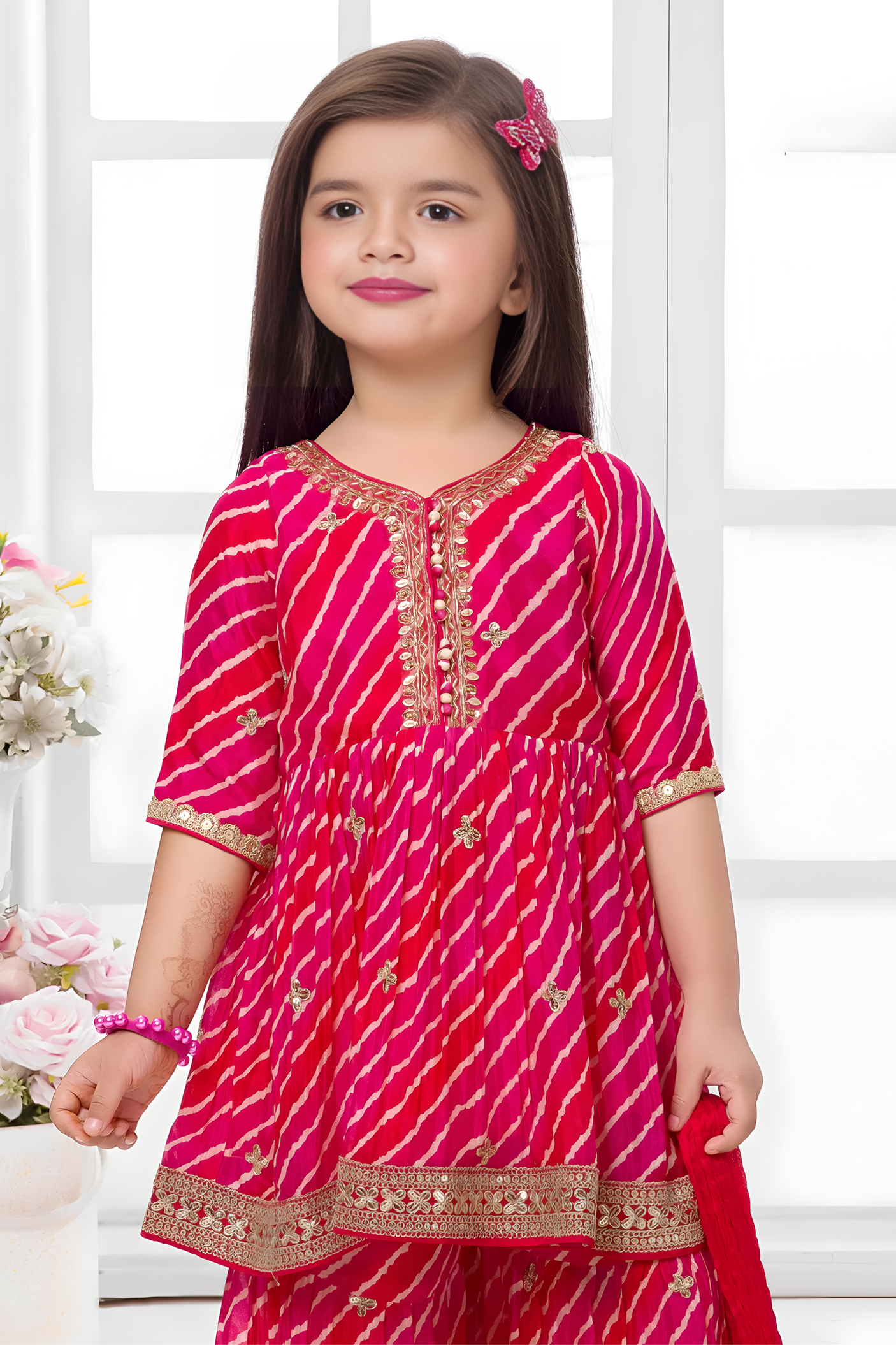 Girls' Sequin Embroidered Crop Top and Shimmering Rani Sharara Set