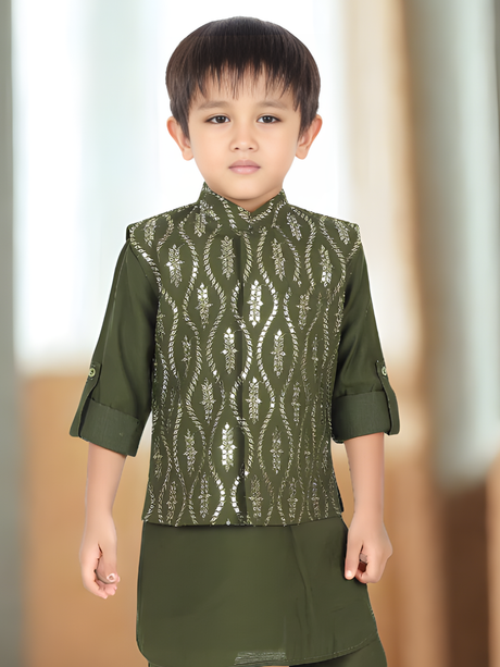 Boys' Olive Green Kurta Pajama Set with Gold Brocade Waistcoat