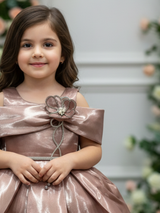 Maroon Shimmer Party Dress for Baby Girls with Bow & Floral Accent.