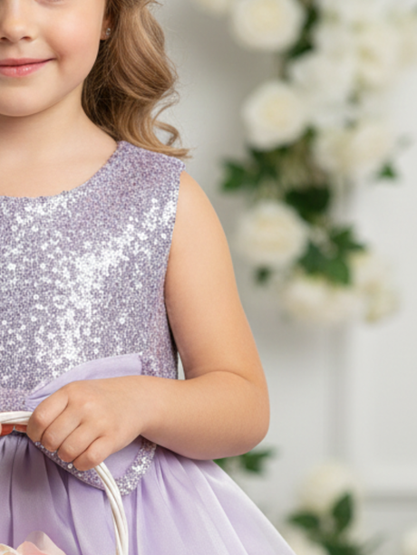 Girls' Lavender Sequin Bodice Party Frock with Oversized Satin Bow.