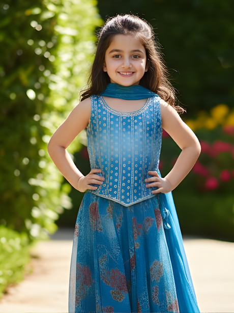 Girls' Geometric Embroidered Top and Floral Blue Lehenga Set