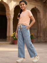 Girls Light Blue Wide-Leg Cargo Jeans with Drawstring Waist