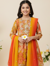Girls' Festive Yellow & Orange Floral Print Garara Suit Set with Dupatta