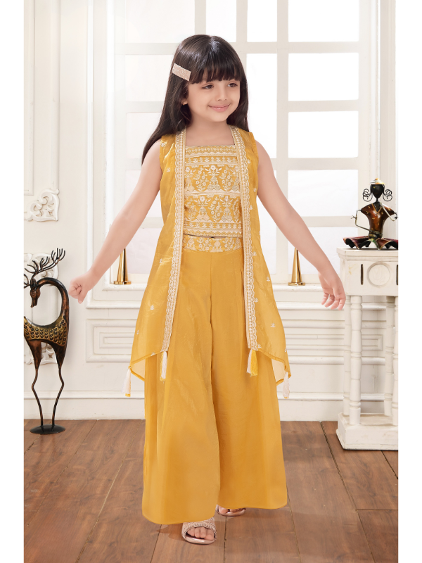Girls Traditional Sleeves Less Plazo Set - Yellow