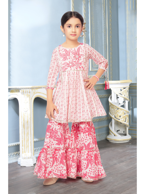 Girls Traditional 3/4th Sleeves Sharara Set - Pink