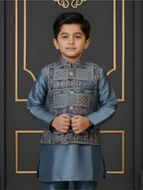 Boys Steel Blue Silk Kurta Set with Geometric Printed Nehru Jacket